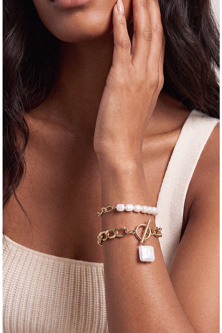 Imitation Pearl Chain Bracelet Set, Alternate, color, GOLD