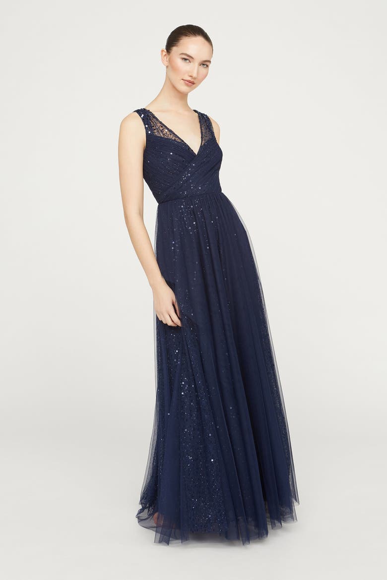 Kiana Beaded V-Neck Gown, Alternate, color, Navy