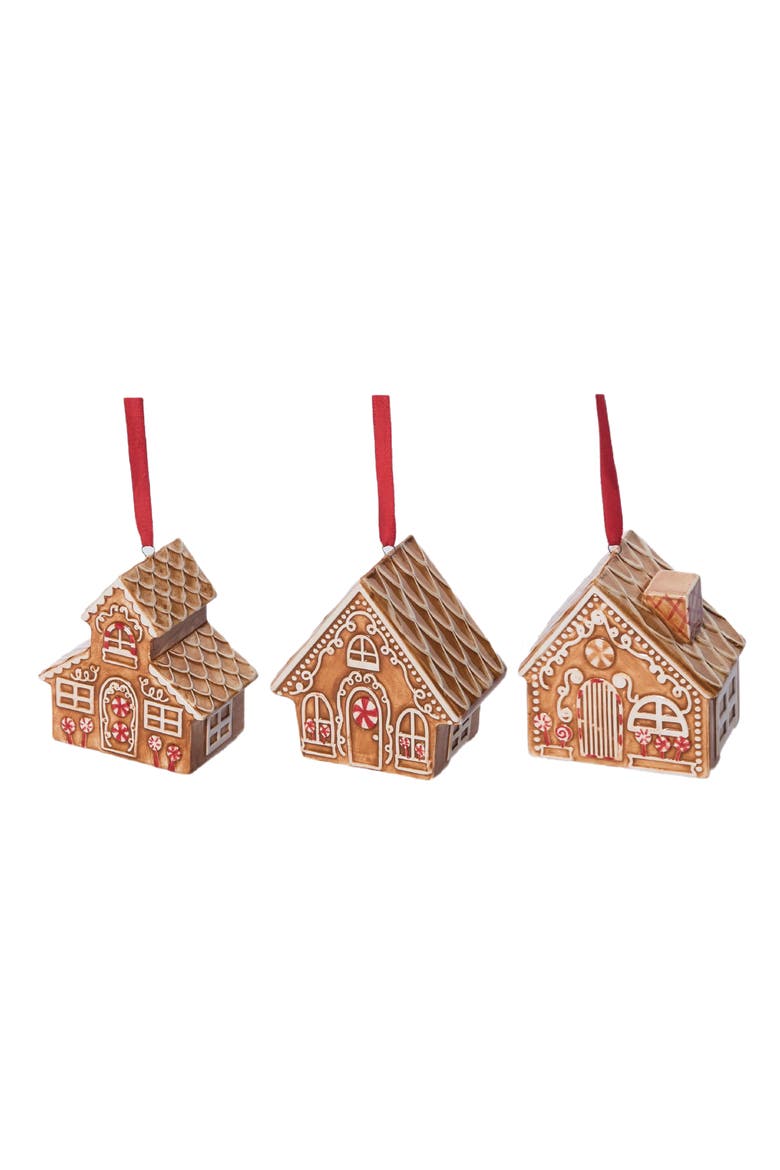 Ceramic Gingerbread Cookie Ornament Set of 3 Christmas Decor, Main, color, Brown
