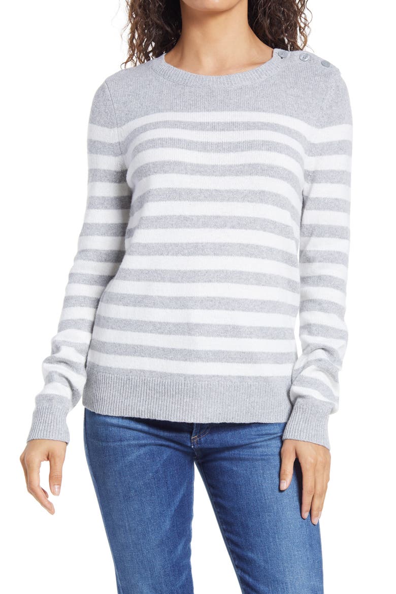 Intarsia Stripe Crewneck Sweater, Main, color, GREY- IVORY STRIPE