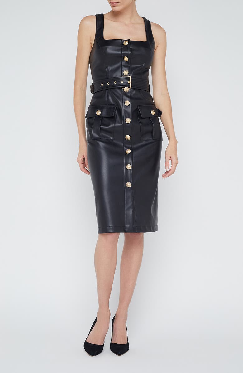 Idy Button Front Faux Leather Midi Dress