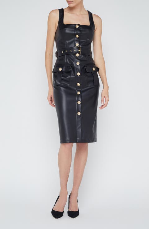 Idy Button Front Faux Leather Midi Dress