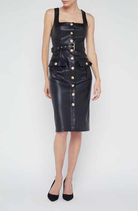 L'AGENCE Idy Button Front Faux Leather Midi Dress