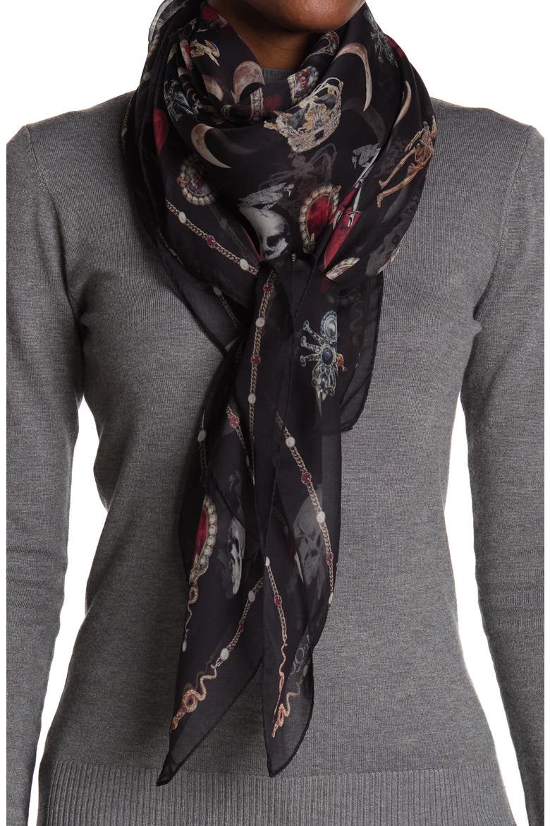 Alexander McQueen Silk Jewelled Trinket Print Scarf, Main, color, BLACK MULTI