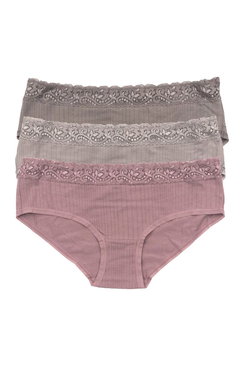 Assorted 3-Pack Lace Trim Bikinis, Main, color, GGR/MNK/WM