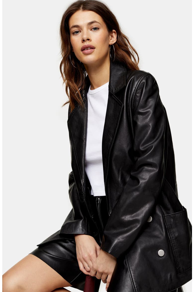 Jay Double Breasted Leather Boyfriend Blazer, Alternate, color, BLACK