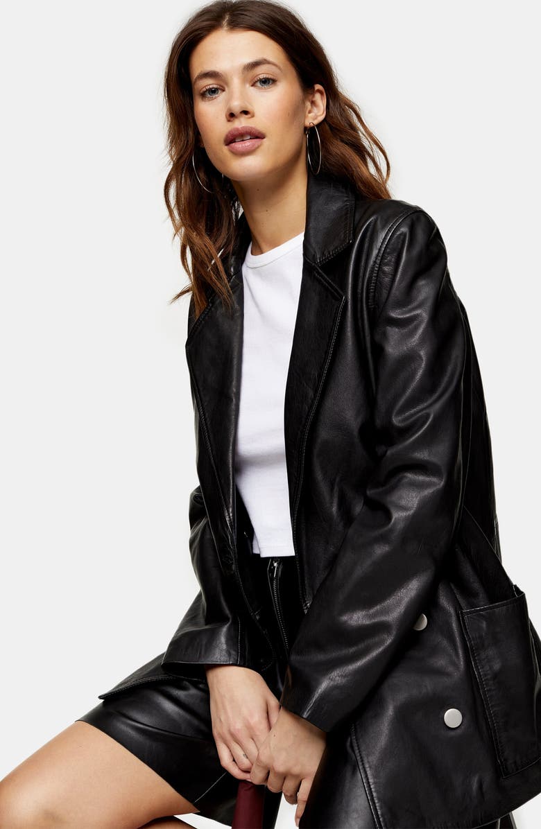 Topshop Jay Double Breasted Leather Boyfriend Blazer, Alternate, color,
