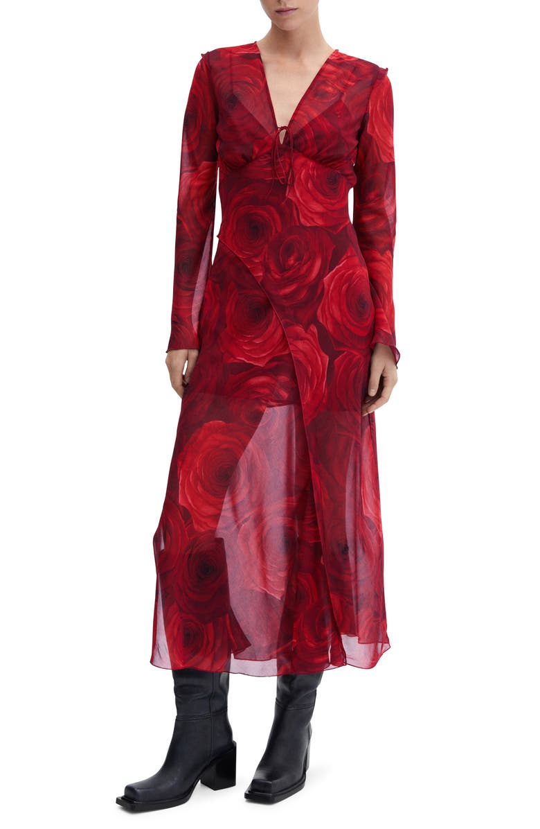 MANGO Floral Long Sleeve Chiffon Midi Dress, Main, color,