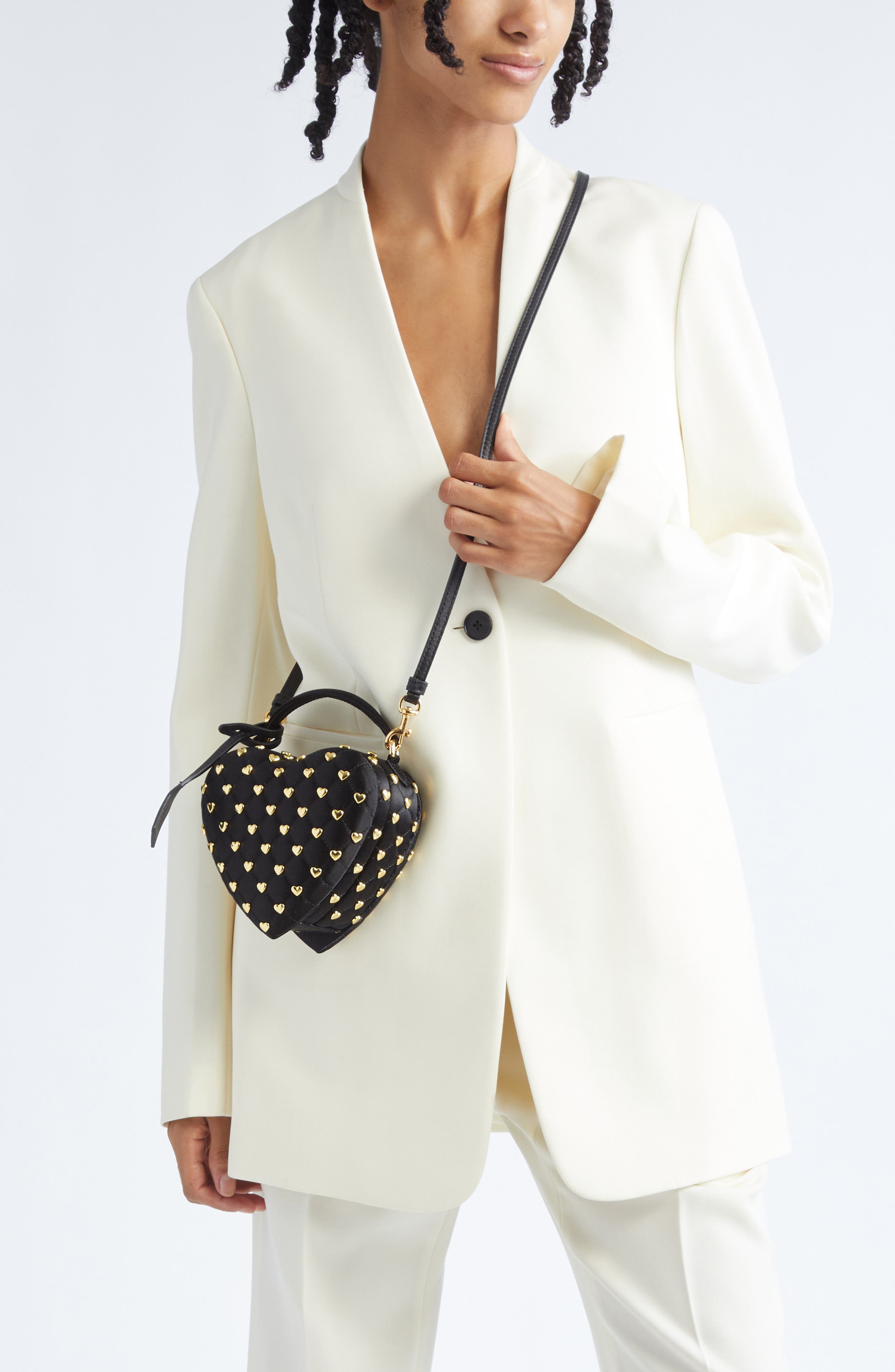 Moschino Love Me Studded Satin Crossbody Bag, Alternate, color, 