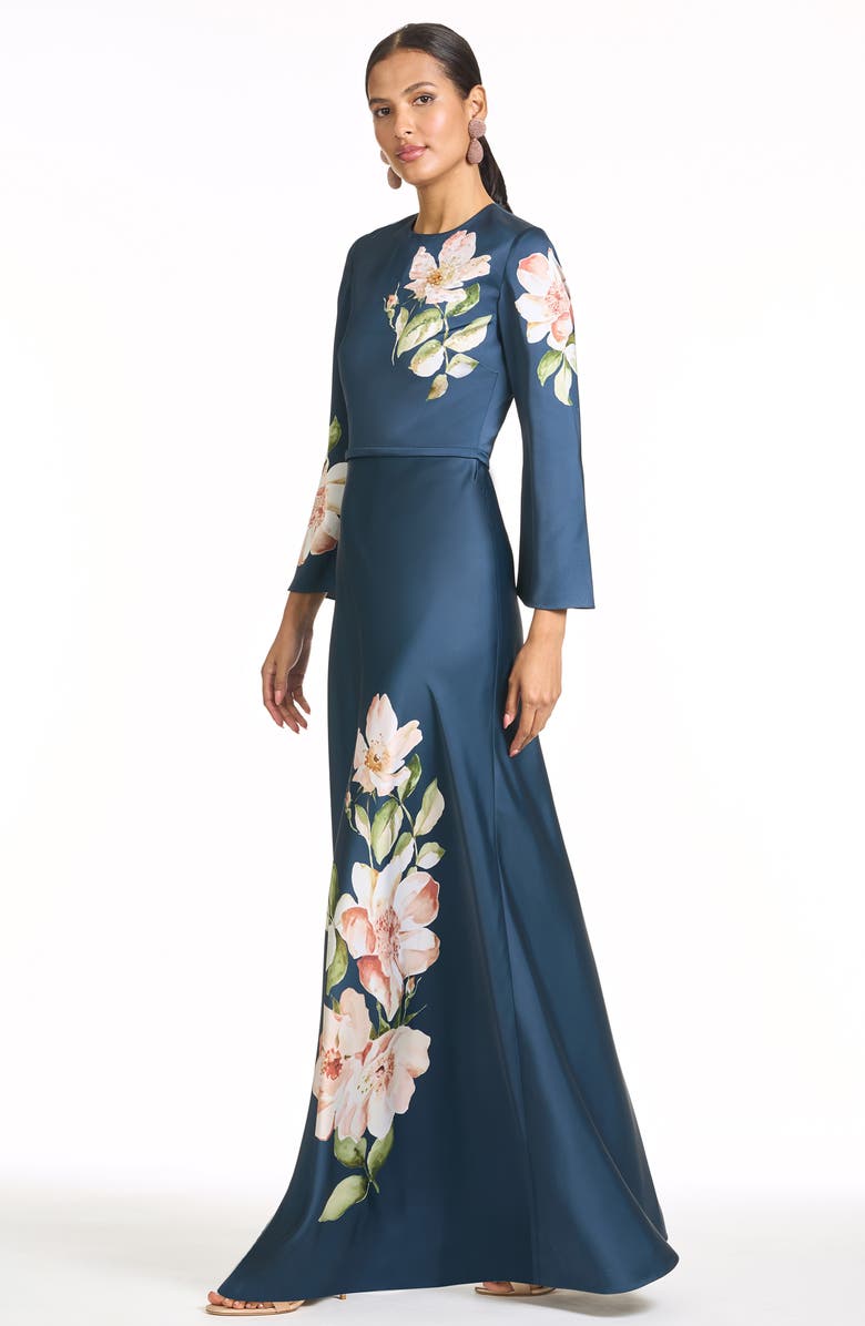 Sachin & Babi Alex Long Sleeve Floral Gown, Alternate, color, Night Blooms