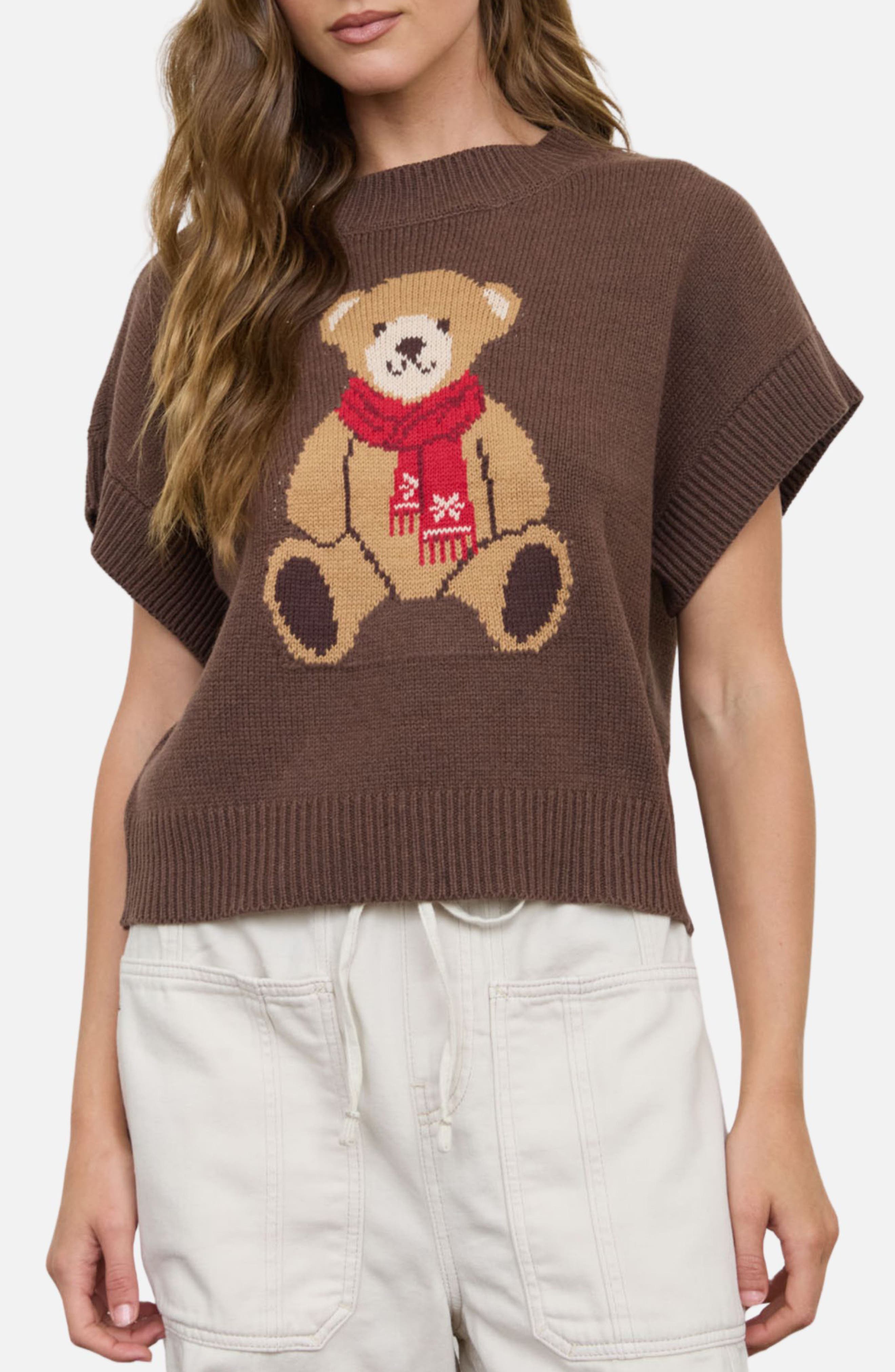 Teddy Bear Jacquard Short Sleeve Sweater