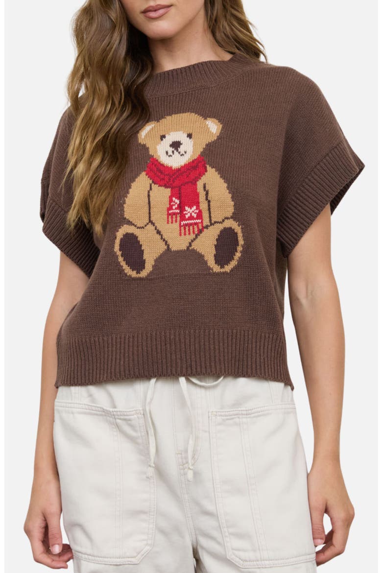 Teddy Bear Jacquard Short Sleeve Sweater, Main, color, BROWN