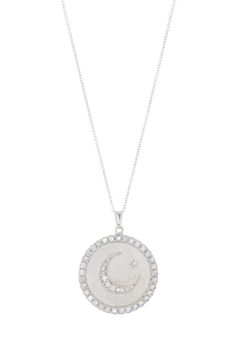 Anzie Sterling Silver Pavé White Sapphire Moon Pendant Necklace, Main, color, Sterling Silver