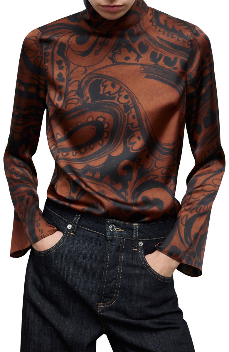 MANGO Paisley Print Satin Top, Main, color, Burnt Orange
