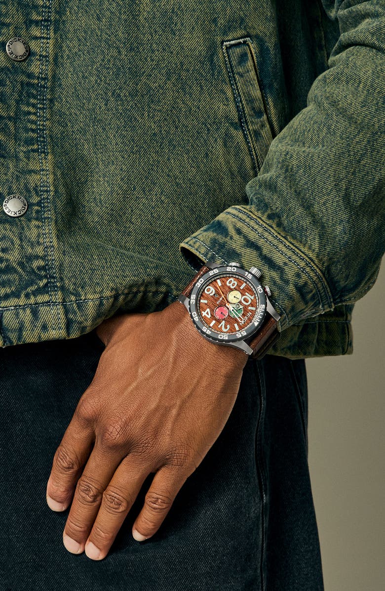 Nixon 51-30 Chronograph Leather Strap Watch, 51mm, Alternate, color, Silver / Rosewood / Chocolate