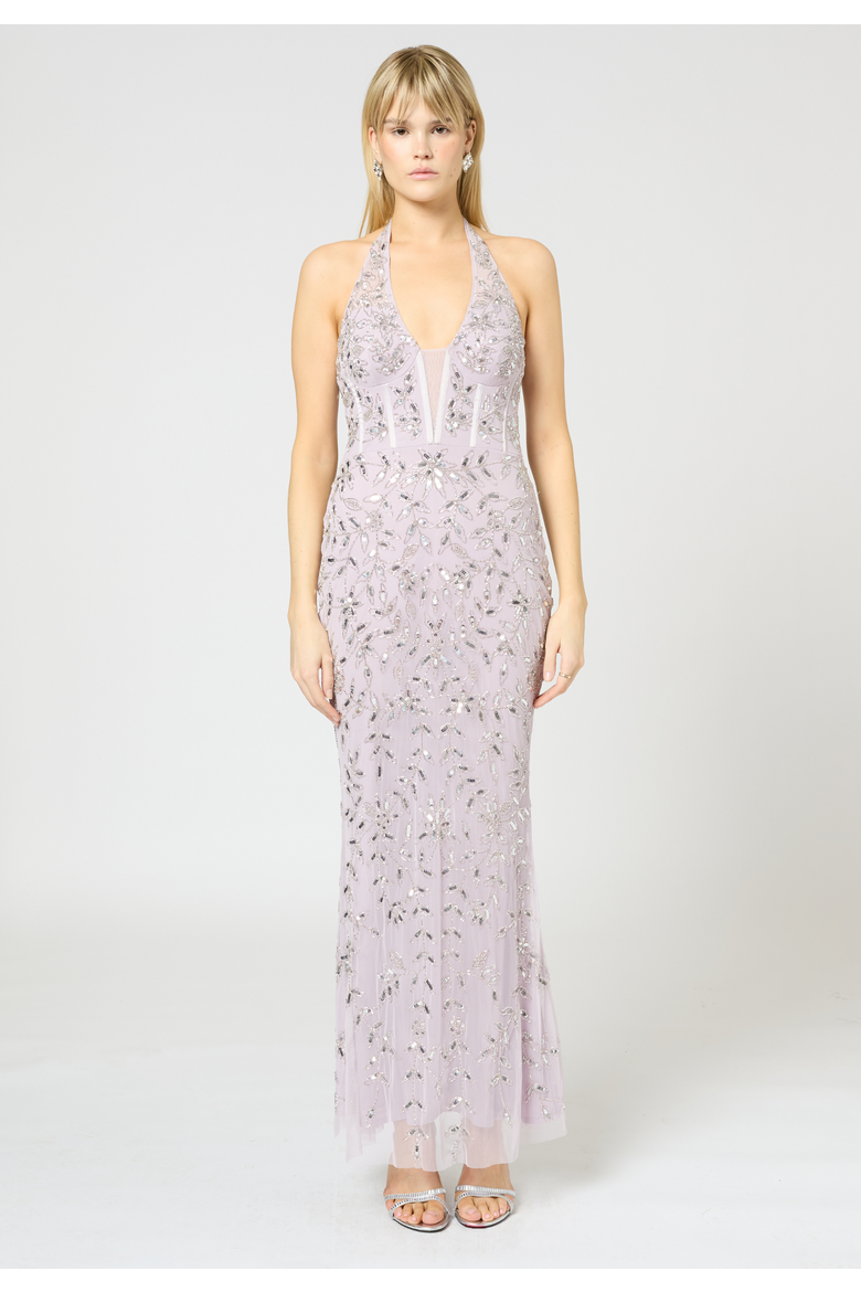 Embellished Sequin Beaded Maxi Corset Dress, Main, color, LILAC