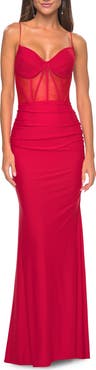 La Femme Jersey Dress with Illusion Waist and Bustier Top