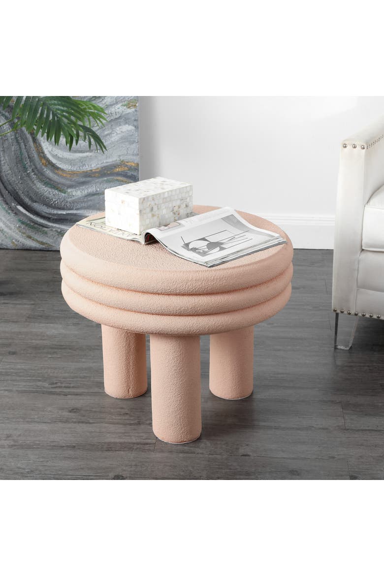 Rashida Modern Round Polyresin Indoor/Outdoor Low Accent Coffee Table, Chunky Ribbed Tripod Base, All-Weather, Alternate, color, Pink Frosted