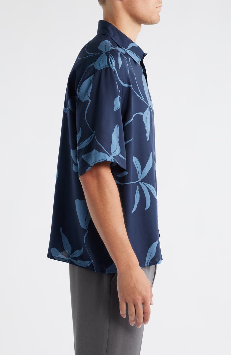 Open Edit Floral Short Sleeve Cotton Button-Up Shirt, Alternate, color, Navy- Blue Leafy Modern
