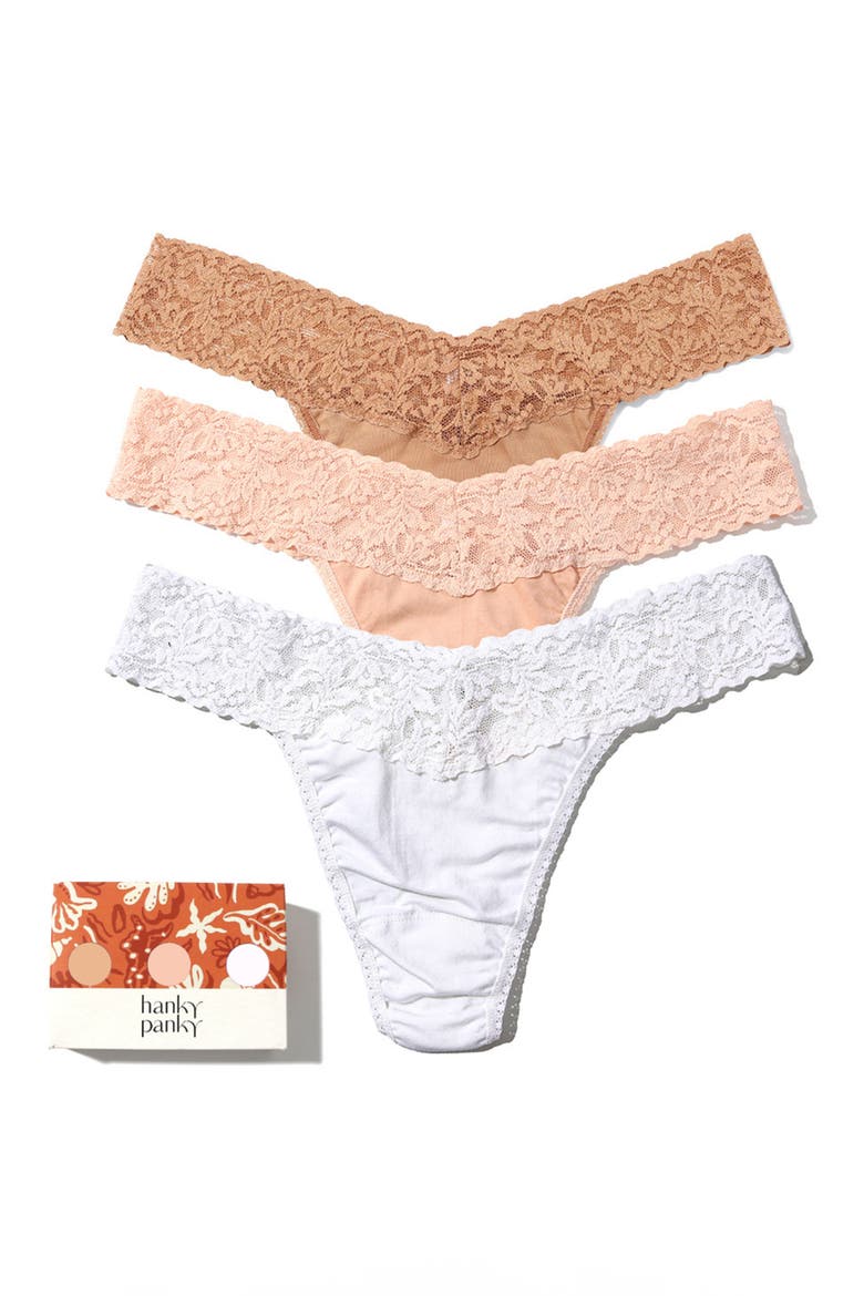 Supima® Cotton & Lace Assorted 3-Pack Original Rise Thongs, Main, color, SUN TAN/ CHAI/ WHITE