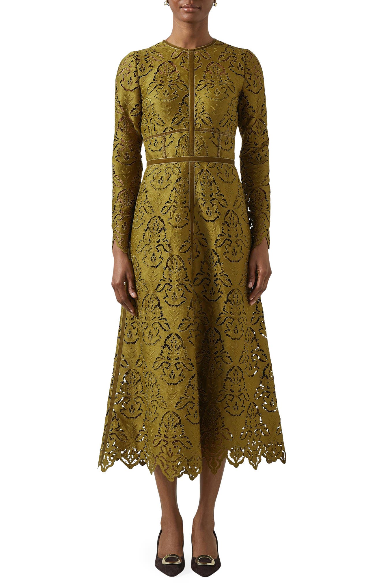 Gracie Velvet Trim Lace Long Sleeve Midi Dress