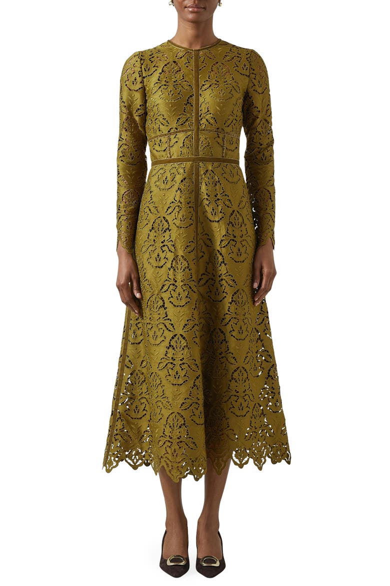 Gracie Velvet Trim Lace Long Sleeve Midi Dress, Main, color, GREEN