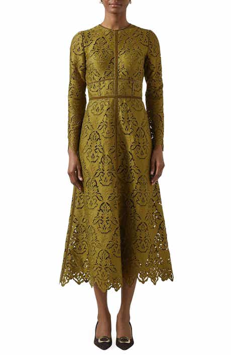 Gracie Velvet Trim Lace Long Sleeve Midi Dress
