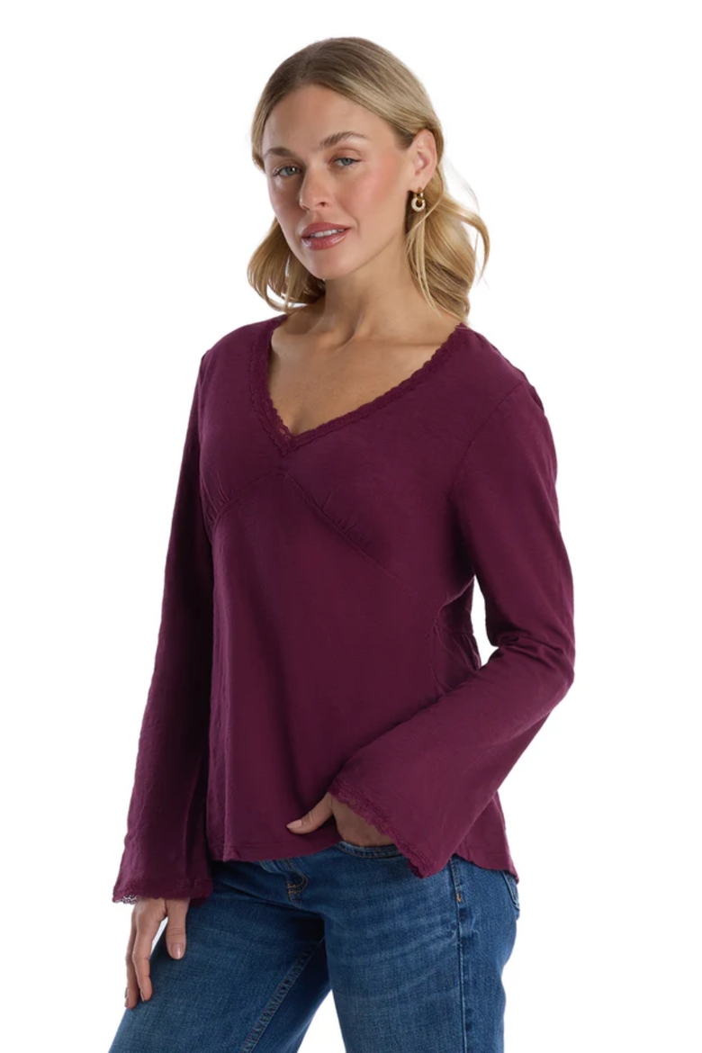V-Neck Long Sleeve Empire Seam Trapeze Tee with Lace Trims, Alternate, color, Dark Fig