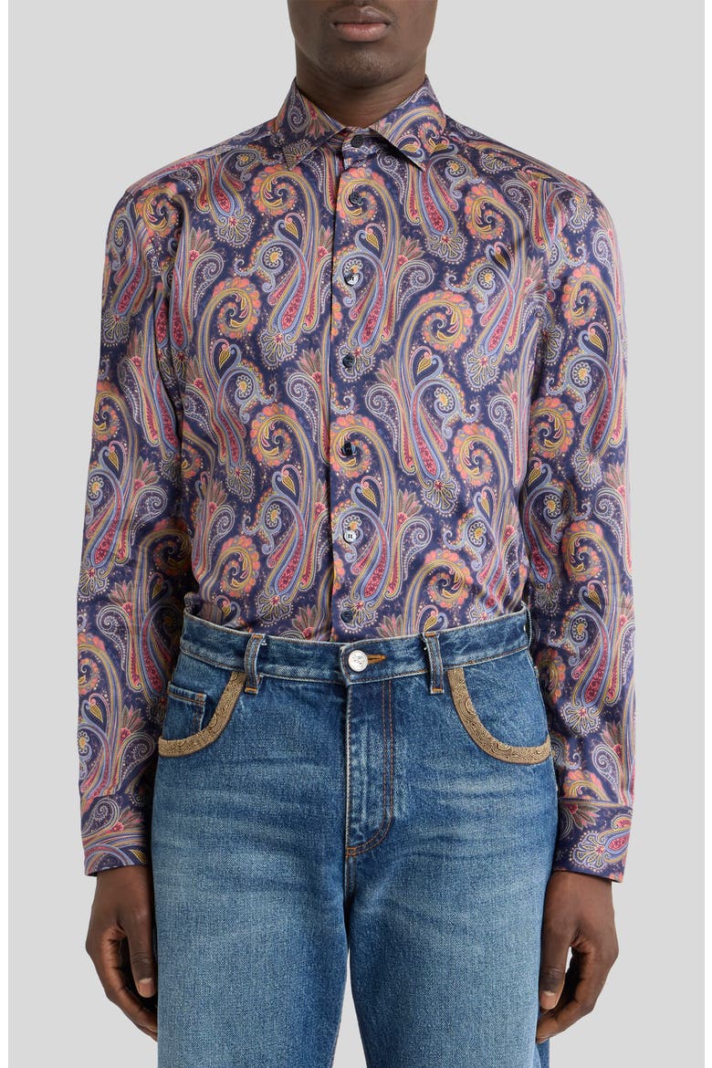 Roma Cotton Dress Shirt, Main, color, PRINT ON BLUE BASE