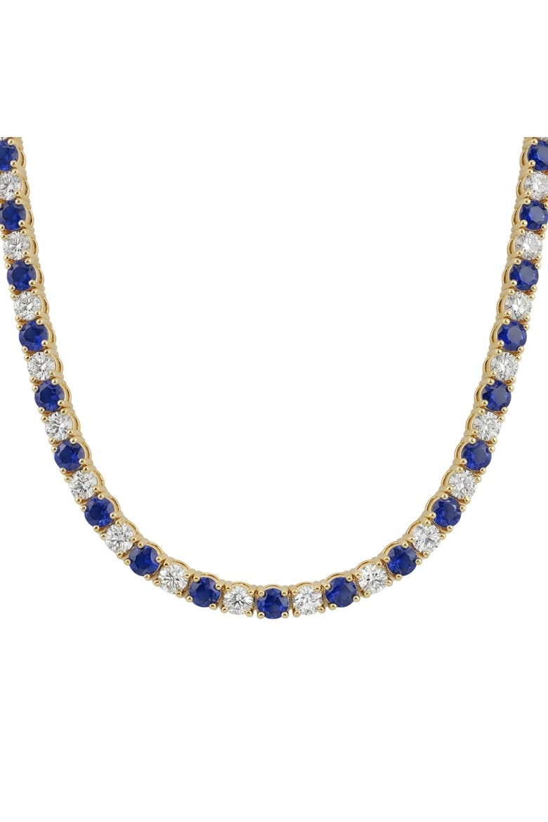 30Ct Blue Sapphire & Diamond Tennis Necklace 14k Gold 16.5" Lab Grown, Main, color, Yellow Gold