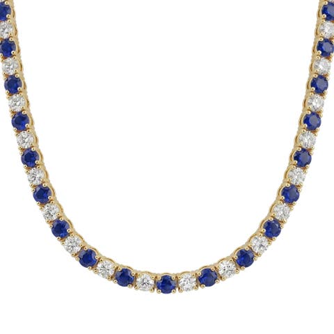 30Ct Blue Sapphire & Diamond Tennis Necklace 14k Gold 16.5" Lab Grown