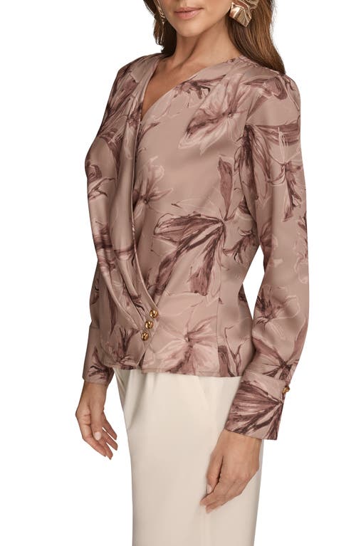 Donna Karan New York Floral Satin Surplice Top In Brown