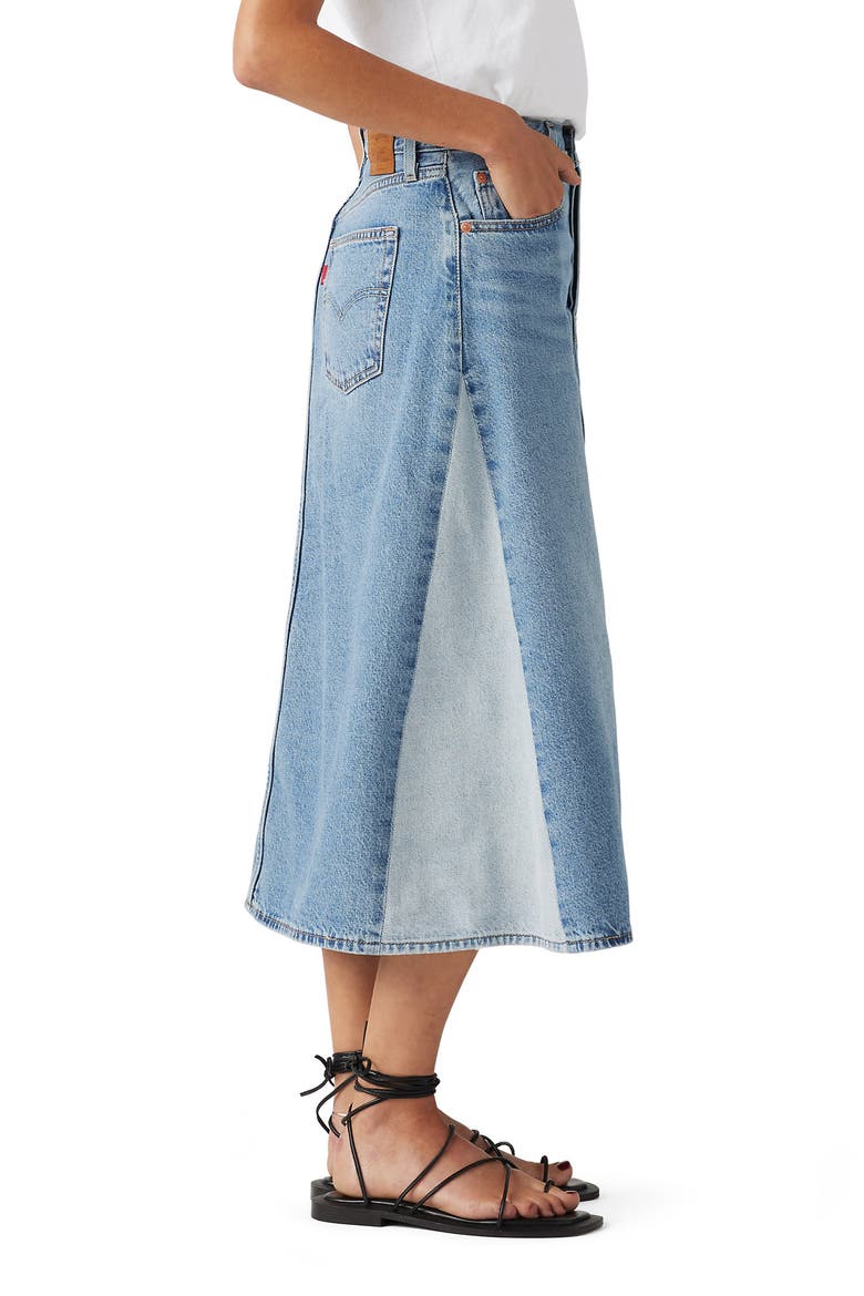 Pieced A-Line Denim Midi Skirt, Alternate, color, MIXED MONEY BAGS