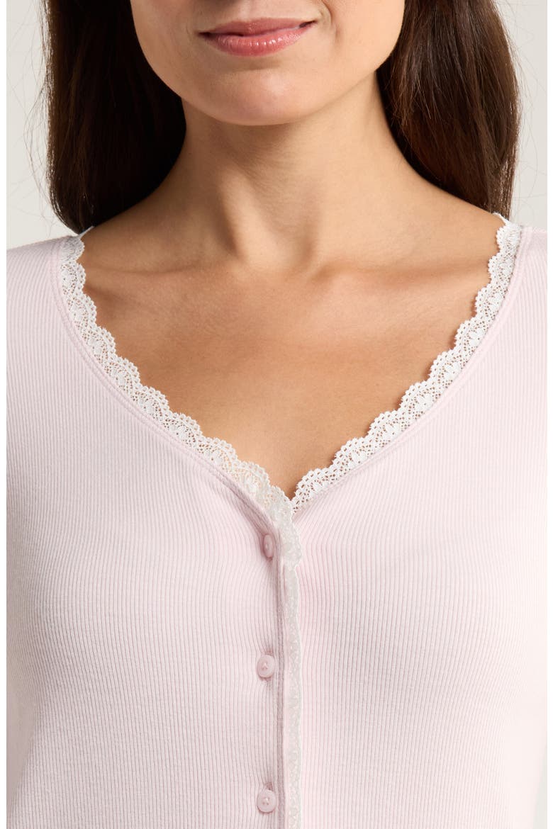 Daydream Lace Trim Rib Button-Up Lounge Top, Alternate, color, PINK CAKE