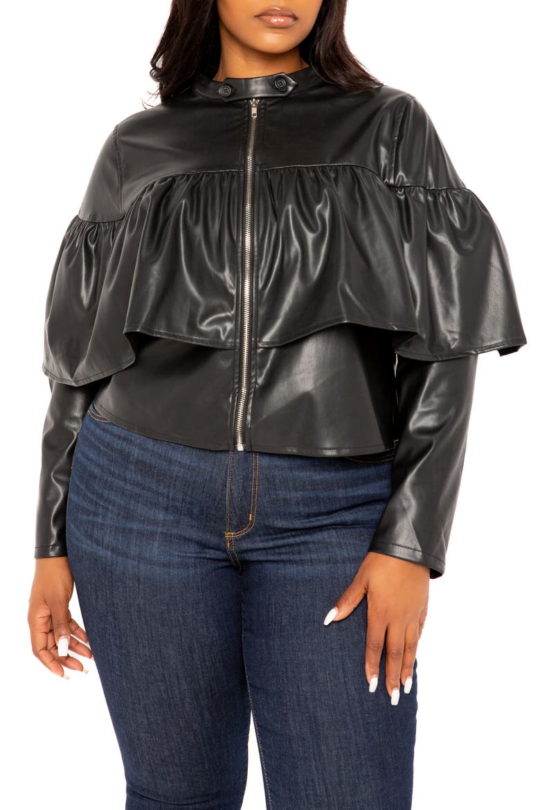 Ruffle Crop Faux Leather Jacket, Main, color, BLACK