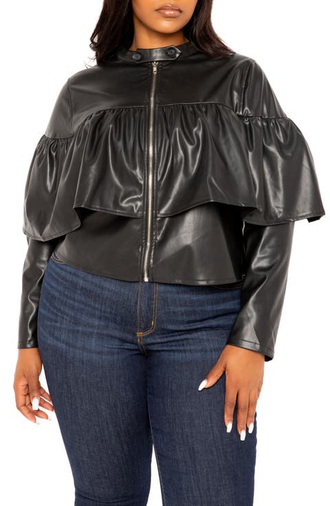 Ruffle Crop Faux Leather Jacket (Plus)