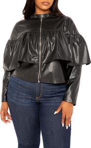 BUXOM COUTURE Ruffle Crop Faux Leather Jacket