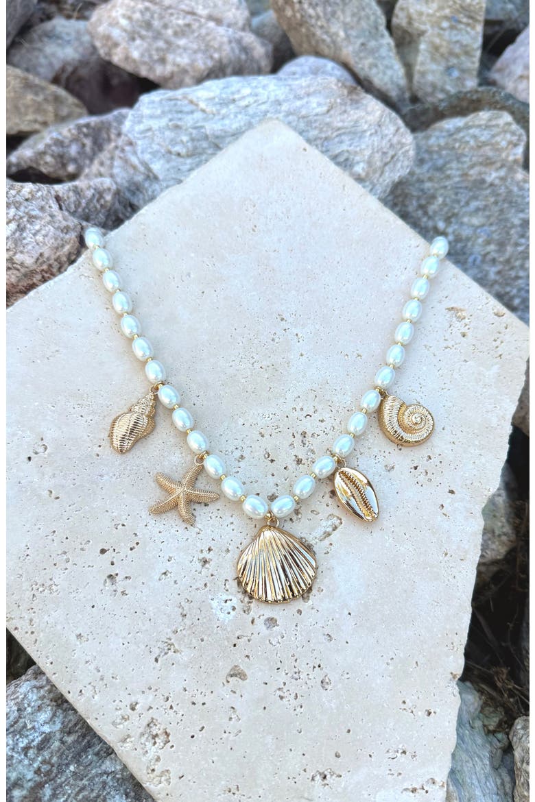 Shell Charm Faux Pearl Necklace, Alternate, color, GOLD/ WHITE