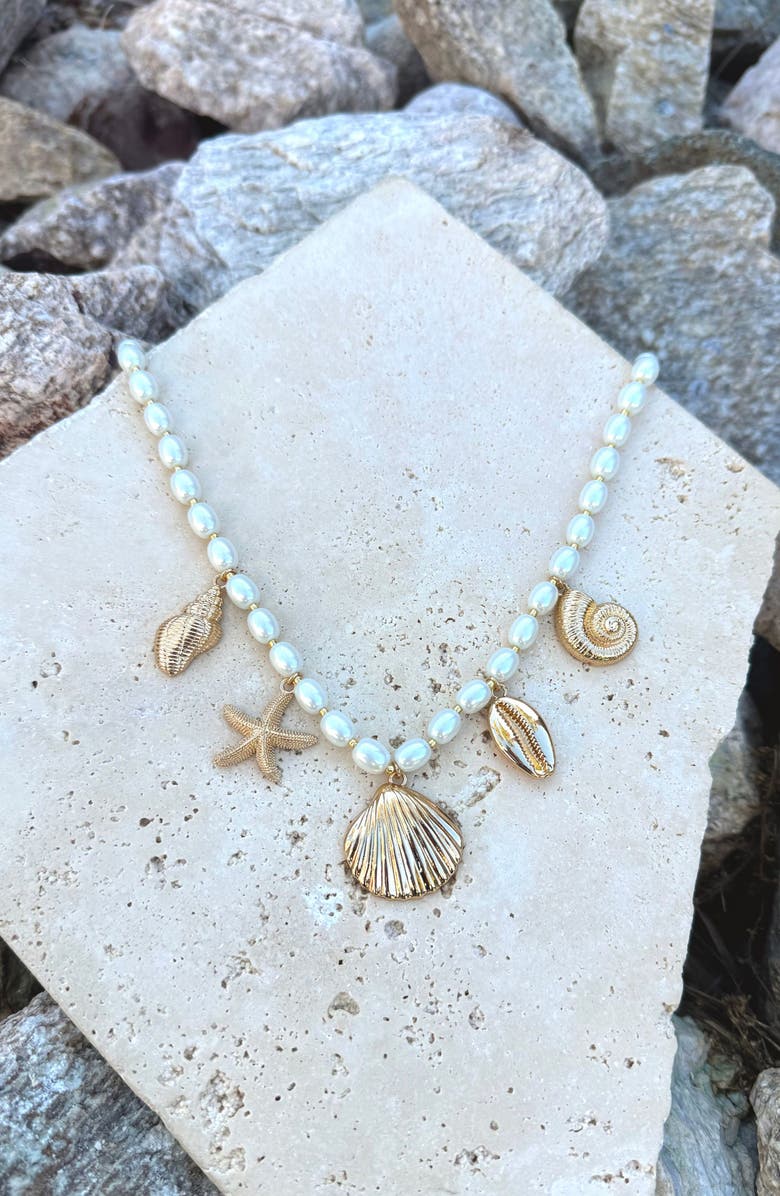 Adornia Shell Charm Faux Pearl Necklace, Alternate, color,