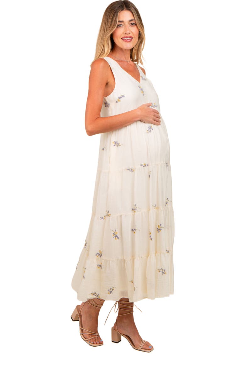 Ditsy Floral Embroidered V Neck Tiered Dress, Alternate, color, Lavender