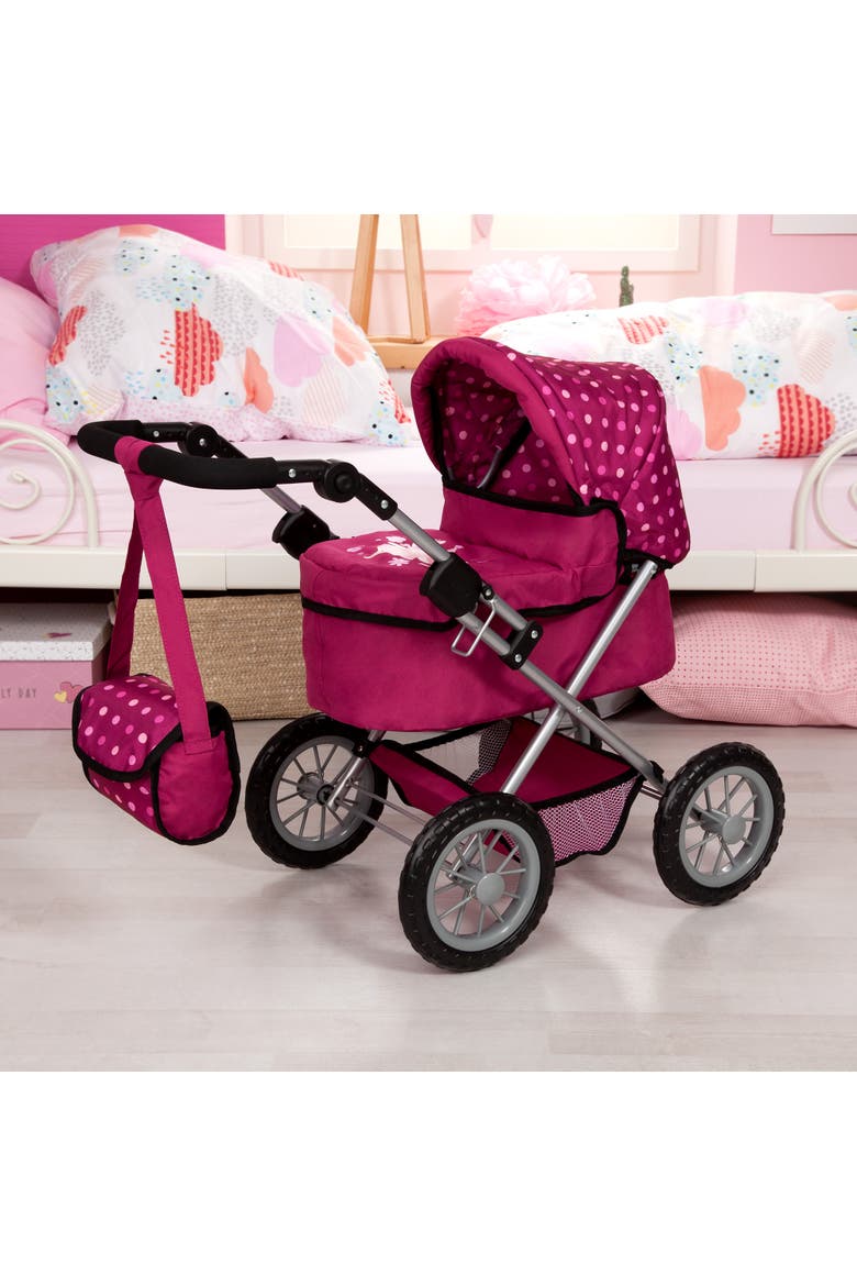 Bayer Dolls Pram Trendy with Shoulder Bag and Underneath Shopping Basket, Bordeaux, Red with Pattern, Alternate, color, Pink