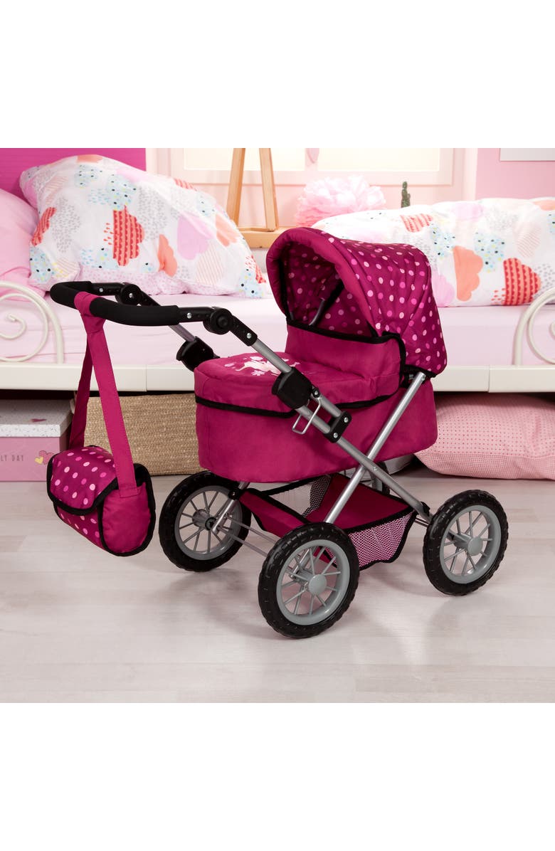Bayer Design Bayer Dolls Pram Trendy with Shoulder Bag and Underneath Shopping Basket, Bordeaux, Red with Pattern, Alternate, color, Pink