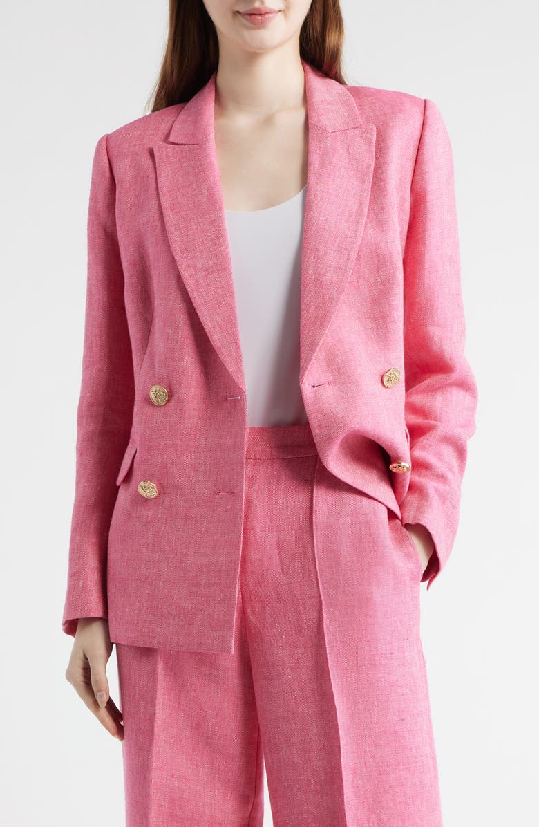 Elie Tahari The Kenna Double Breasted Linen Blazer, Main, color, Plum Rose