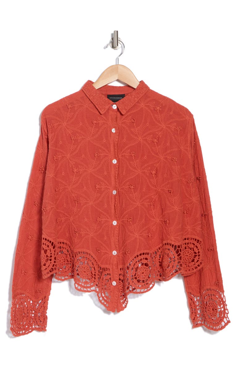 Forgotten Grace Floral Lace Trim Long Sleeve Button-Up Shirt, Alternate, color, Rust