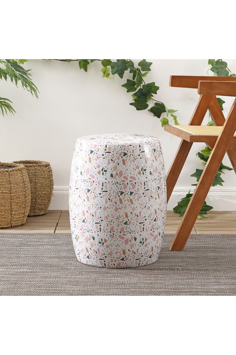 Chiara Traditional Floral Chinoiserie Ceramic Drum Garden Stool, Pierced Indoor/Outdoor Patio Seat & Side Table, Alternate, color, White/Pink