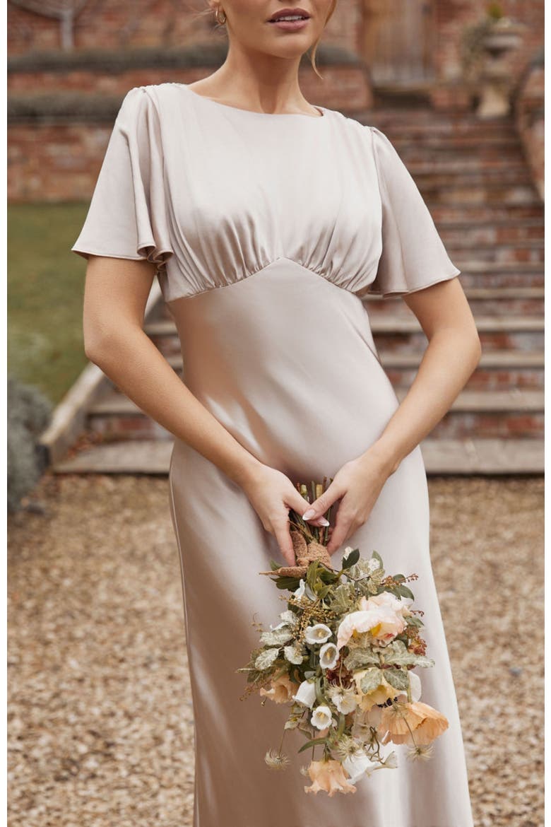 Gathered Bust Satin Bridesmaid Dress, Alternate, color, Oyster