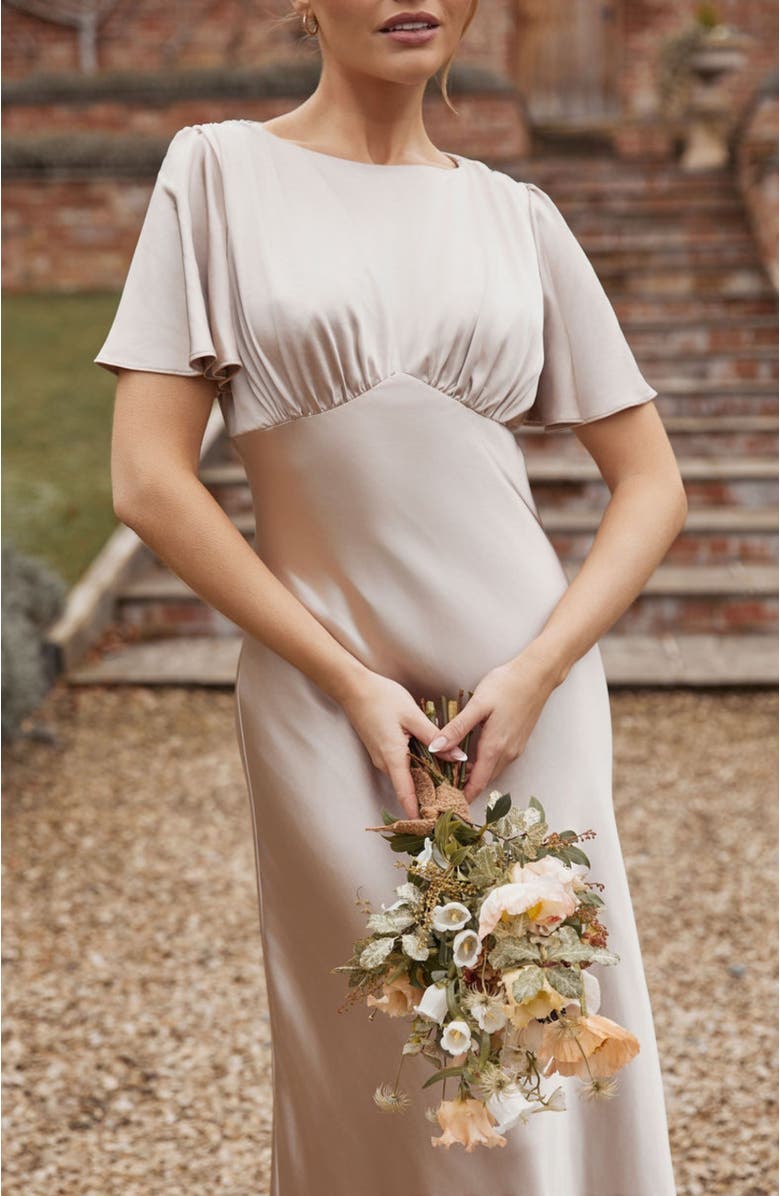 Six Stories Gathered Bust Satin Bridesmaid Dress, Alternate, color, Oyster