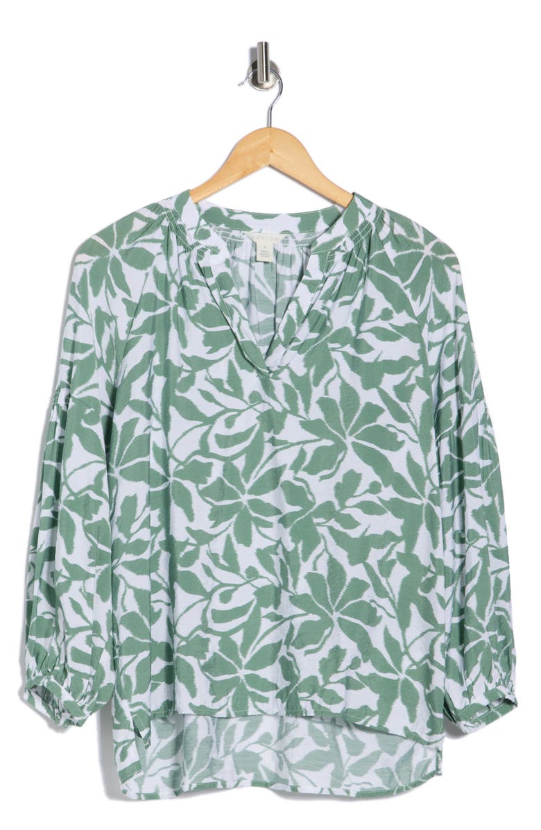 Caslon<sup>®</sup> Long Sleeve Printed Popover Top, Main, color, White- Green Sueze Floral