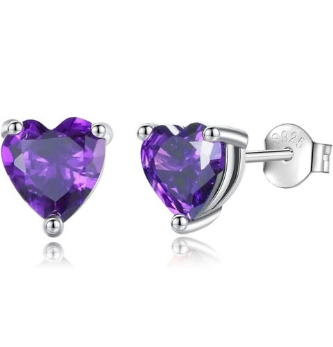 Solid Sterling Silver Created Gemstone Heart Stud Earrings