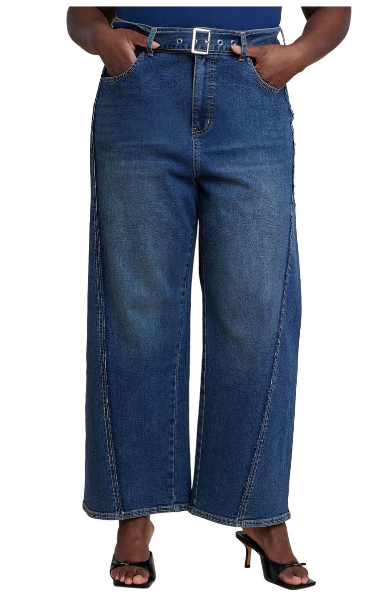 ELOQUII Belted Straight Leg Jean, Main, color, Dark Wash